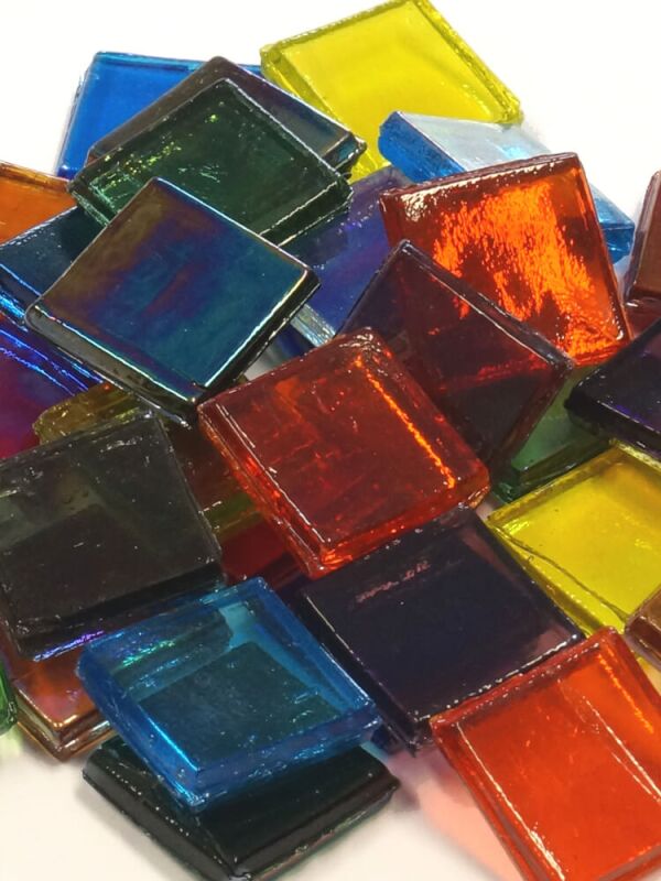 Ice glass mosaic tiles transparent 15x15mm (0,6x0,6 inch),  all colors