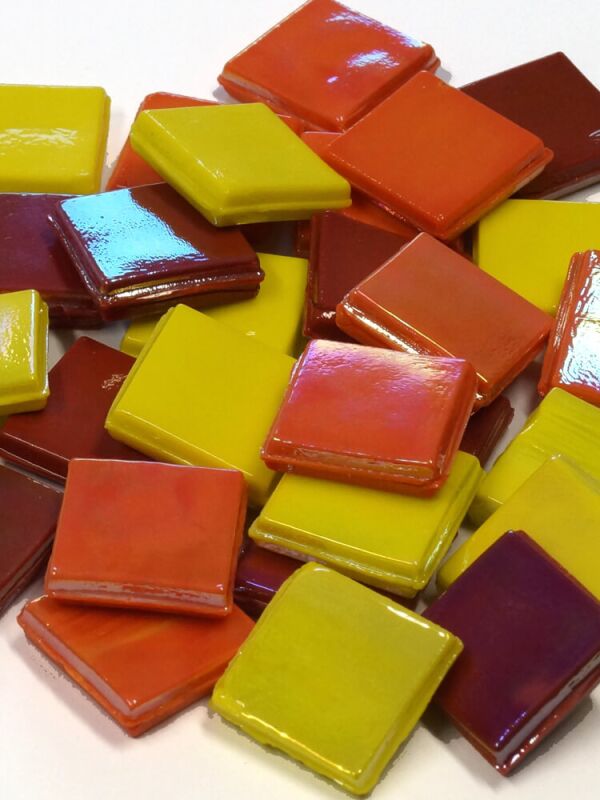 Ice glass opaque 15x15mm mosaic tiles mix yellow/red