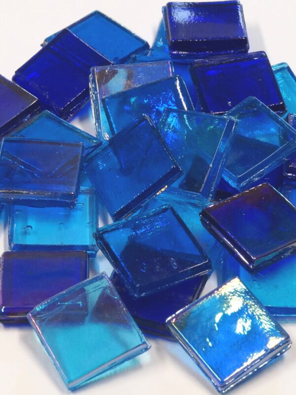Ice glass mosaic tiles transparent 15x15mm (0,6x0,6 inch),  blue mix